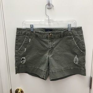 Distressed, olive green shorts